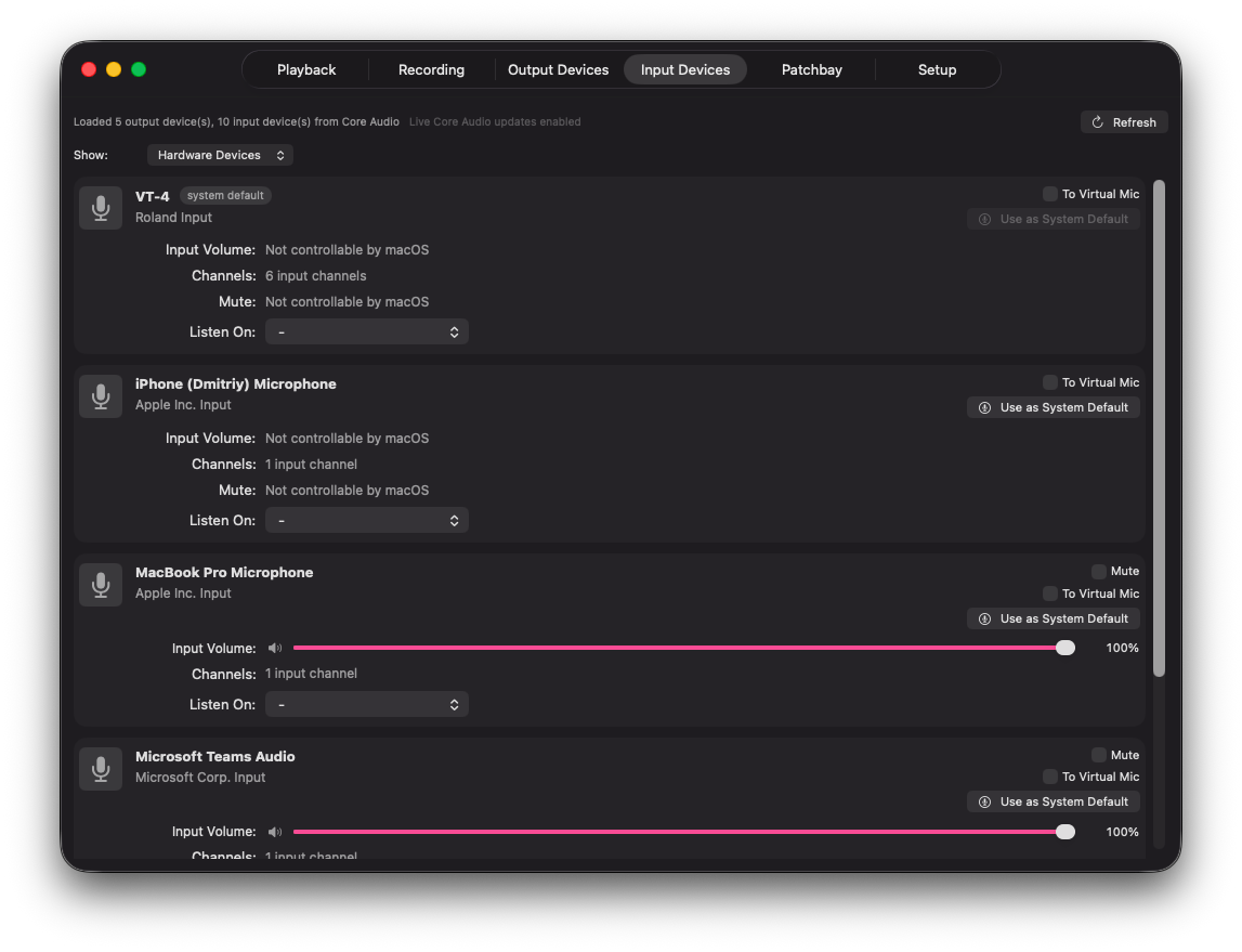 Input Devices tab with microphones and Listen On controls.