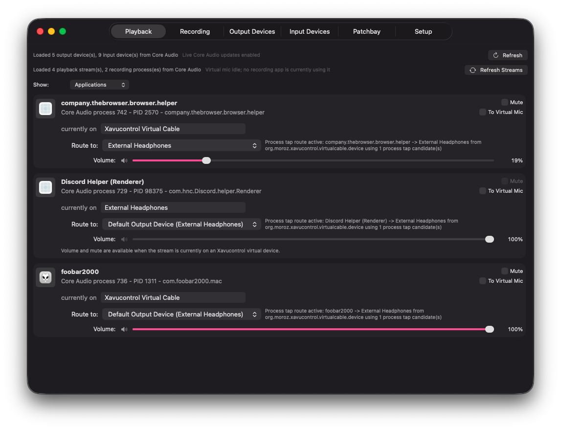 Playback tab with per-application routing controls.