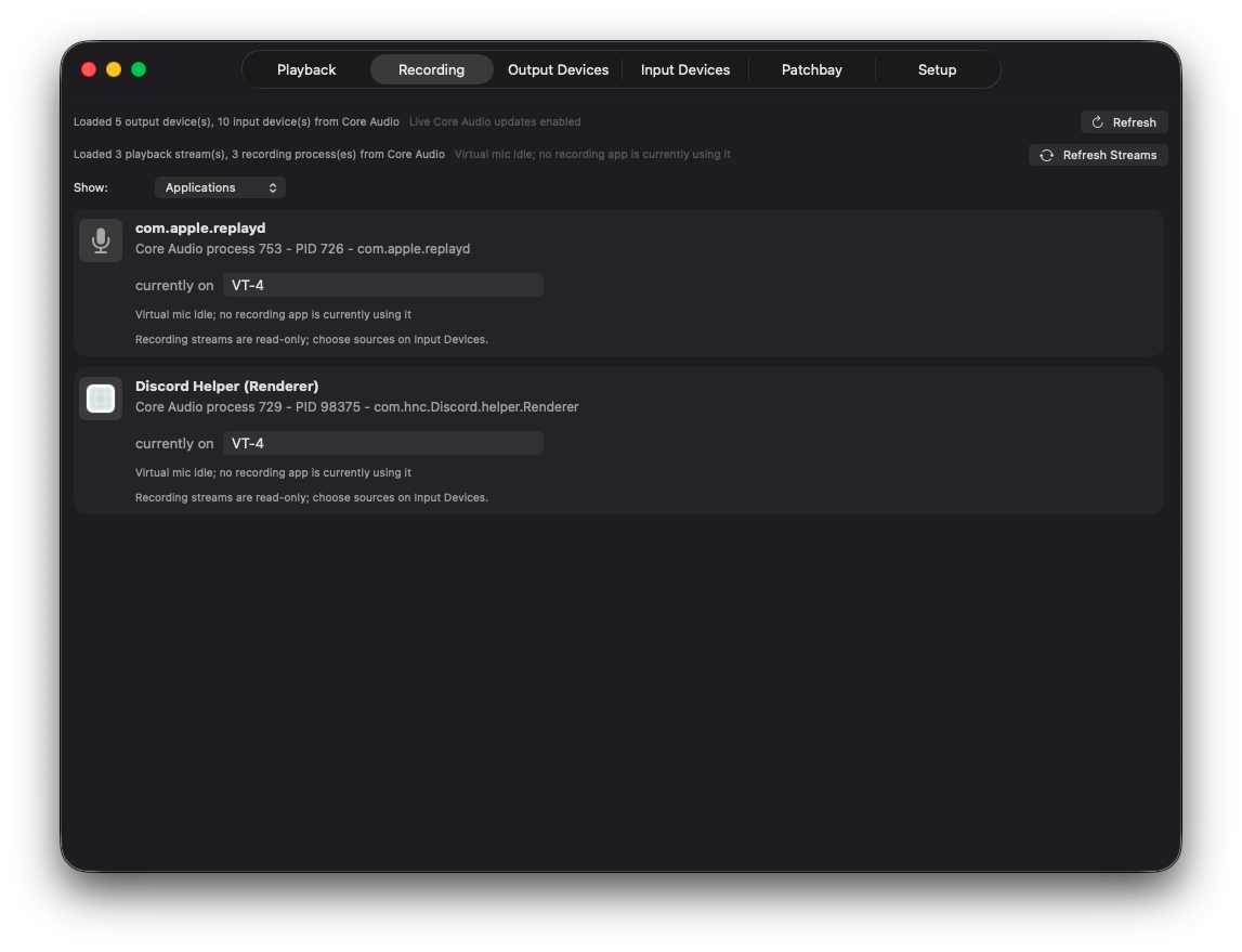 Recording tab showing applications currently using microphone input.