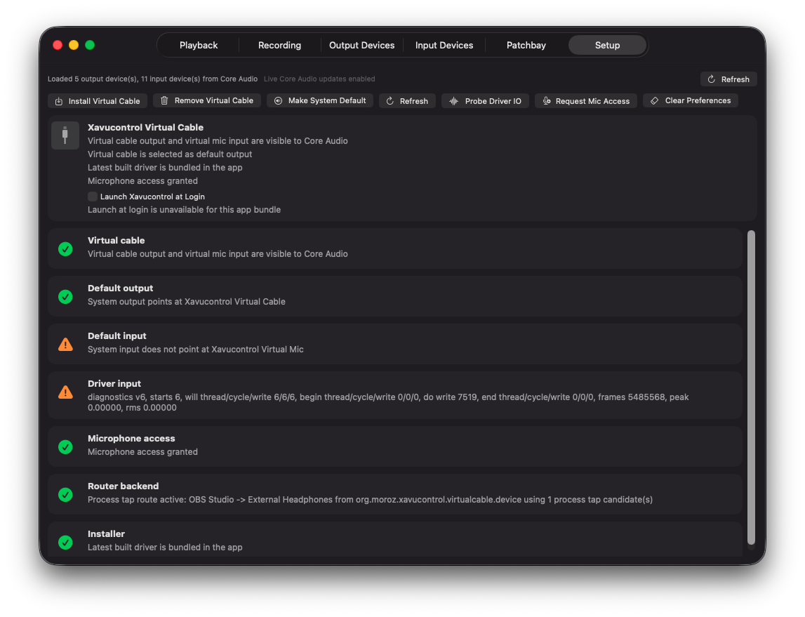 Setup tab with virtual driver and diagnostics controls.